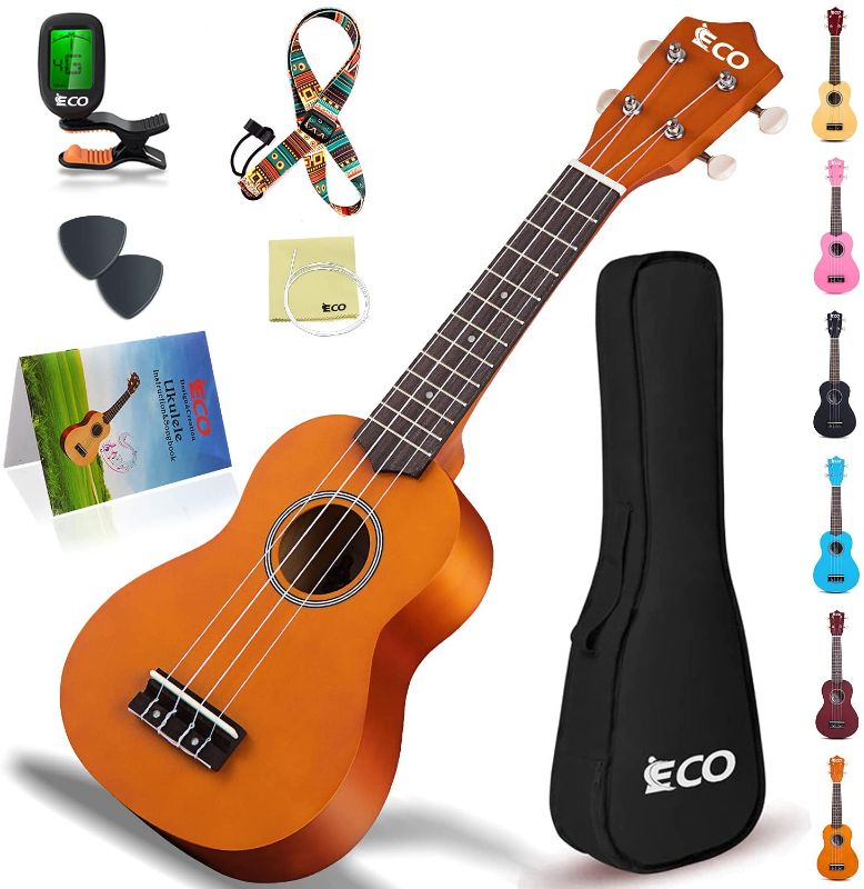 Photo 1 of iECO Soprano Ukulele Beginner Kit for Kids Adults 21 Inch Ukelele w/Case Strap Tuner Strings Picks (Honey)

