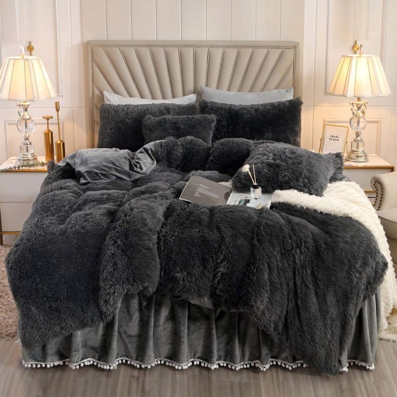 Photo 1 of XIYU Luxury Plush Shaggy Duvet Cover Set Ultra Soft Crystal Velvet Bedding Sets 3 Pieces(1 Faux Fur Duvet Cover + 2 Faux Fur Pillowcase) (Queen, Dark Gray)
