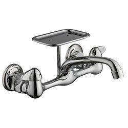 Photo 1 of 2-Handle Wall-Mount Kitchen Faucet with Soap Dish in Chrome
