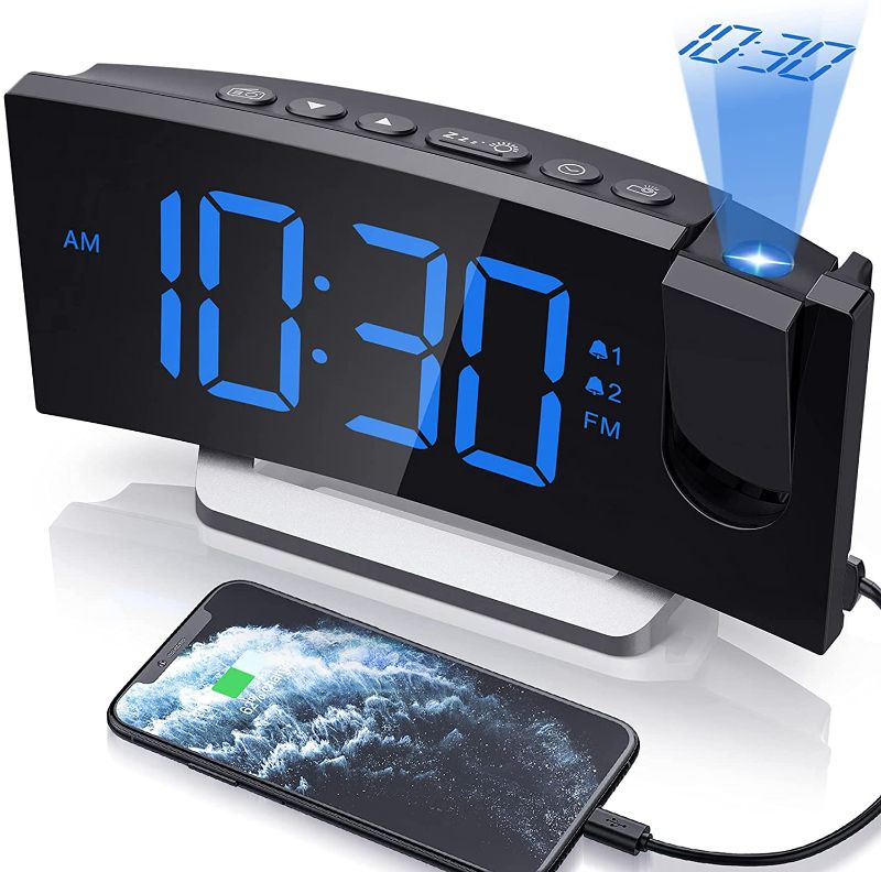 Photo 1 of Clock Radios, Projection Alarm Clock with 0-100% Dimmer and FM Radio, Dual Alarm, 5 Alarm Sounds and 3-Level Volume, USB Charger, Clear Readout Digital Alarm Clock for Bedroom, Bedside Clock for Kids
