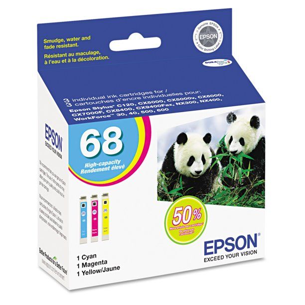 Photo 1 of Epson T068520 (68) DURABrite High-Yield Ink, Cyan/Magenta/Yellow, 3/PK
