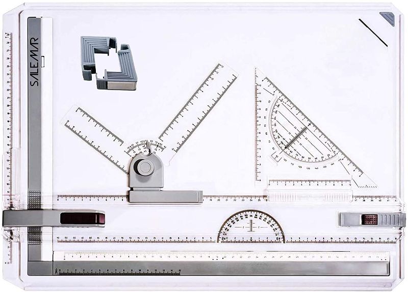 Photo 1 of SALEMAR A3 Drafting Table Drawing Board, Drawing Tool Set Graphic Architectural Sketch Board with Parallel Motion, Set Square, Clamps, Protractor, Anti Slip Support Legs, Sliding Ruler
