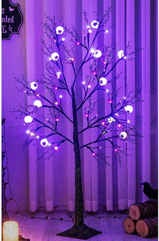 Photo 1 of Joliyoou 4FT Halloween Decorations, 48 LEDs Purple Light Up Glittered Black Spooky Tree with 12 Spiders, 24V Low Voltage Light Up Artificial Tree 