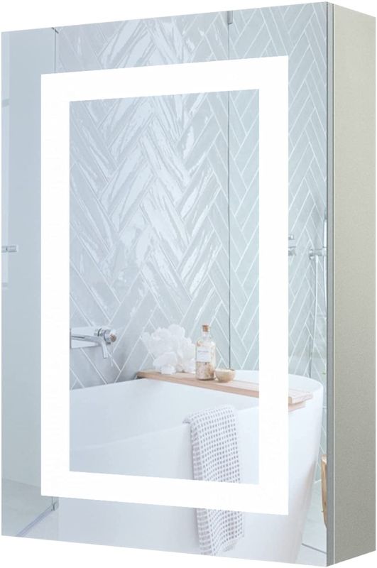 Photo 1 of  20 X 28 inch Bathroom Medicine Cabinet with Mirror Wall Mounted LED Bathroom Mirror Cabinet with Lights Cold White Light Inductive Switch Adjustable Storage Shelves (Single Door/Left Hinge)
