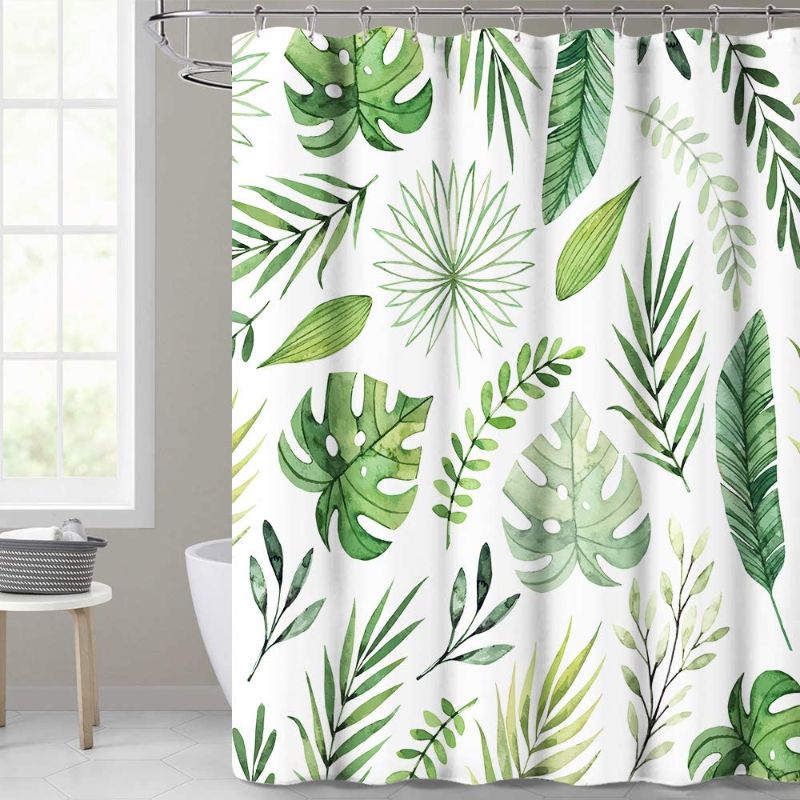 Photo 1 of  Waterproof Shower Curtain for Bathroom, Tropical Palm Leaf Pattern on White Background, Botanical Curtain Accessory Decor Set for Laundry Room...*** SIMILIAR TO PHOTO 
