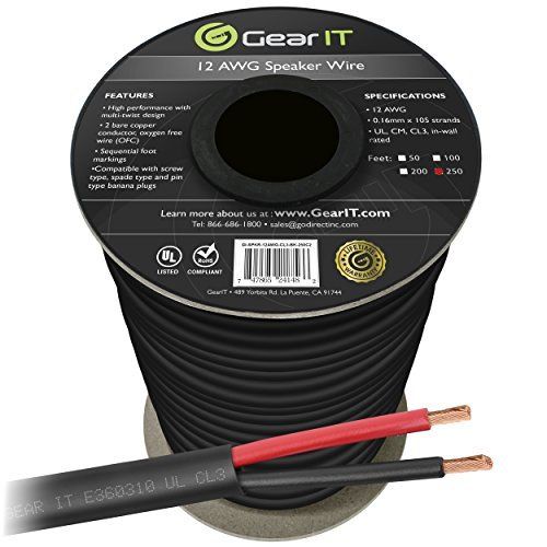 Photo 1 of 12 AWG Speaker Wire CL3 Rated, GearIT Pro Series 12 Gauge (250 Feet / 76point2 Meters / Black) OFC Oxygen Free Copper UL CL3 Rated Outdoor Direct Burial and In-Wall Installation Speaker Cable
