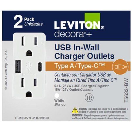 Photo 1 of Leviton 3006770 15 Amps 5-15 R Decora Duplex, Type a, Type C White Outlet & USB Charger - Pack of 2