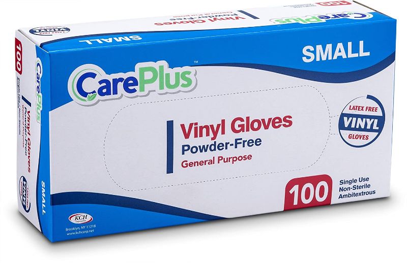 Photo 1 of [1000 Count] Care Plus Disposable Plastic Vinyl Clear Small Size Gloves, Case