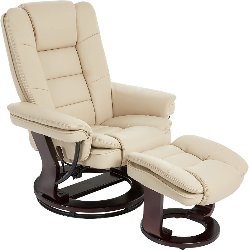 Photo 1 of **MISSING HARDWARE**
JC Home Argus Ultra-Plush Bonded Leather Swiveling Recliner with Mahogany Wood Base and Matching Ottoman - Vanilla
