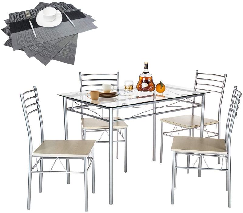 Photo 1 of **MISSING HARDWARE**
VECELO Dining Table with 4 Chairs [4 Placemats Included-] Silver X-Large
