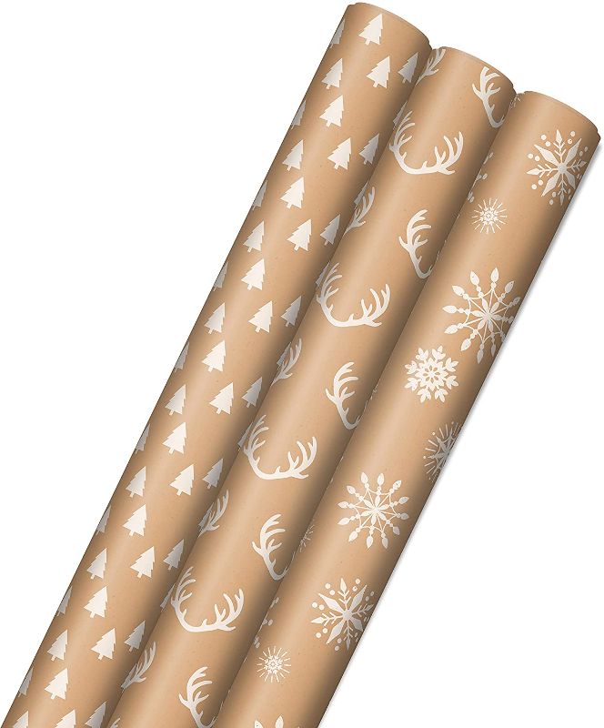 Photo 1 of **MISSING TWO ROLLS, SIMILAR TO STOCK PHOTO**
Hallmark Recyclable Kraft Wrapping Paper with Cut Lines (3 Rolls: 90 Sq. Ft. Ttl.) Minimalist Christmas, White Trees, Deer Antlers, Snowflakes on Brown Kraft for Holidays, Weddings, Winter Solstice
