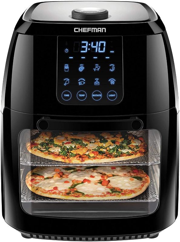 Photo 1 of **DOES NOT HOLD POWER**
Chefman 6.3 Quart Digital Air Fryer+ Rotisserie, Dehydrator, Convection Oven, 8 Touch Screen Presets Fry, Roast, Dehydrate & Bake, BPA-Free, Auto Shutoff, Accessories Included, XL Family Size, Black
