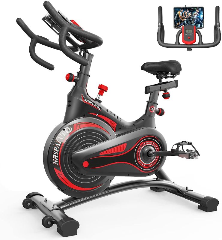 Photo 1 of **MISSING COMPONENTS: PEDALS, HANDLE BARS, HARDWARE**
Magnetic Resistance Exercise Bike, Naspaluro Stationary Bike with Hyper Quiet Wrapped Fly Wheel Support 350 lbs Weight Capacity , Indoor Cycling Bike for Home Workout Equipped Phone Pad Holder
