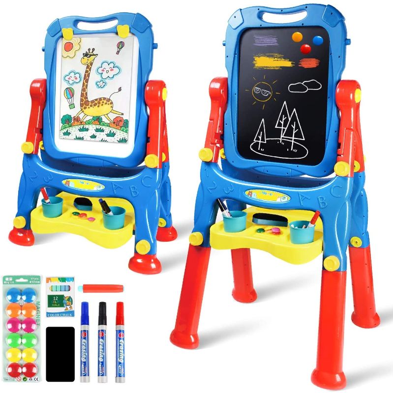 Photo 1 of AMOSTING Drawing Board Toys for Boys & Girls Kids Art Easel for Toddlers with Magnetic Whiteboard & Chalkboard, Blue
