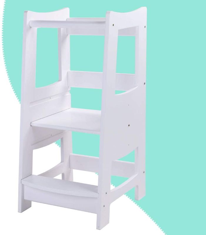 Photo 1 of EGREE Toddlers Kitchen Step Stool with Safety Rail Kids Wooden Standing Tower for Kitchen Counter and Bathroom Sink