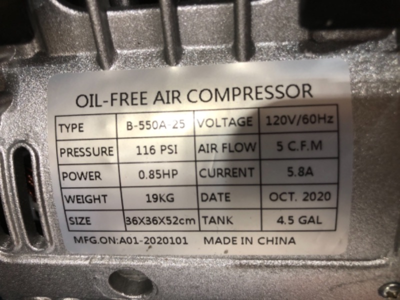 Photo 6 of 4.5 Gallon Ultra Quiet Air Compressor,1.0 HP, 20L Oil-Free Air Tools, Max 116 PSI