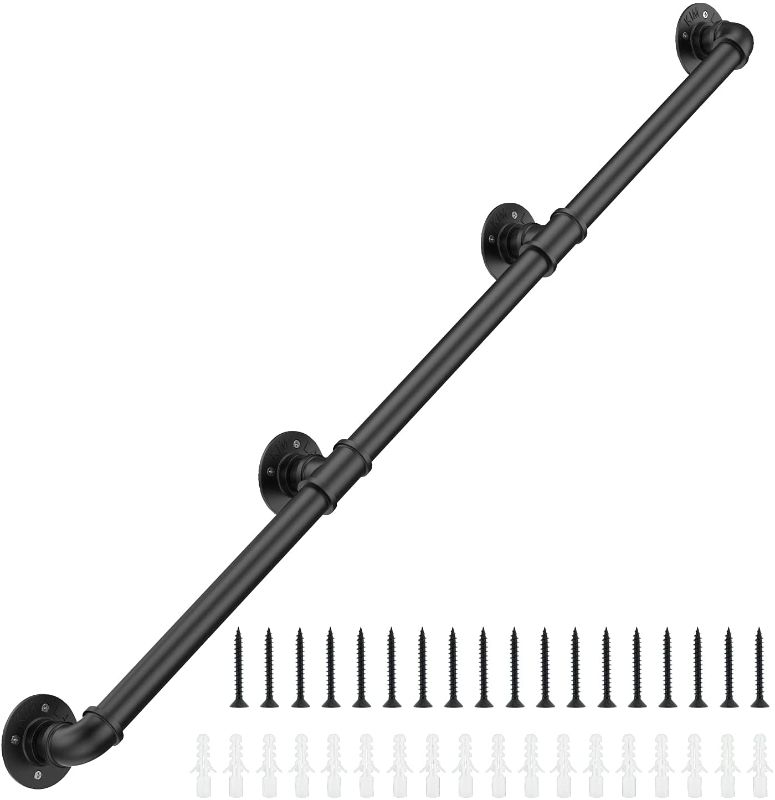 Photo 1 of 10FT Stair Handrail for Indoor Stairs Black Industrial Pipe with 4 Wall Mount Supports Rustic No-Slip Pipe Handle Stair Railing for Indoor Outdoor Stairs Porch Deck Hand Rail
