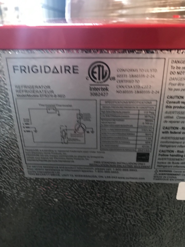 Photo 6 of PARTS ONLY NOT FUNCTIONAL DID NOT GET COLD 
Frigidaire 3.2 Cu. Ft. Retro Compact Refrigerator with Side Bottle Opener EFR376, Red