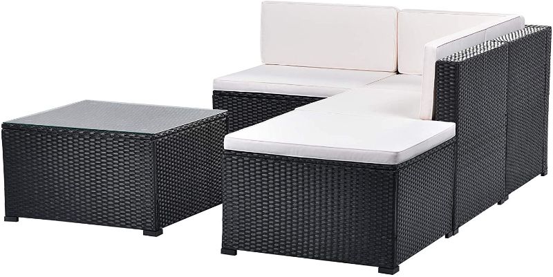 Photo 1 of 5-Piece Patio Conversation Set with Ottoman, Black Rattan PE Wicker Furniture Corner Sofa Set with Tempered Glass Coffee Table for Backyard Garden (Black Wicker+ Beige Cushion)
