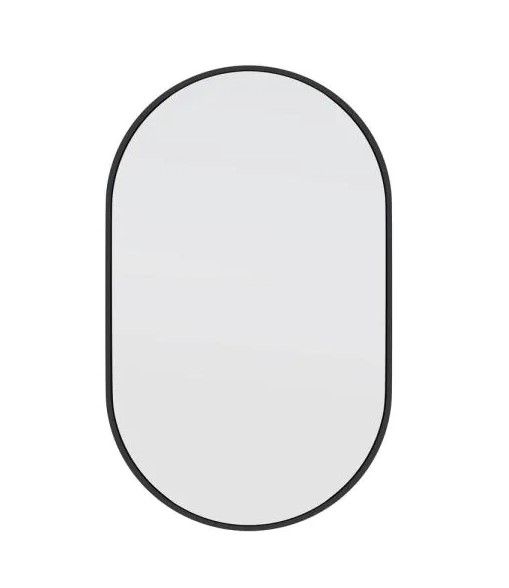 Photo 1 of 22 in. W x 36 in. H Stainless Steel Framed Pill Shape Bathroom Vanity Mirror in Black
