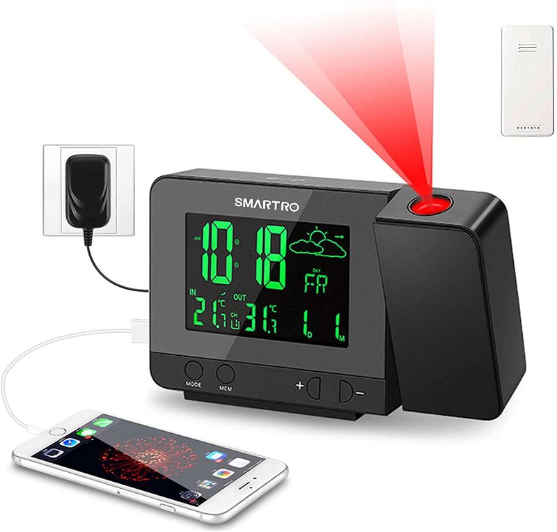 Photo 1 of SMARTRO SC31B Digital Projection Alarm Clock with Weather Station, Indoor Outdoor Thermometer, USB Charger, Dual Alarm Clocks for Bedrooms, AC & Battery Operated

//SIMILAR TO REFERENCE PHOTO
