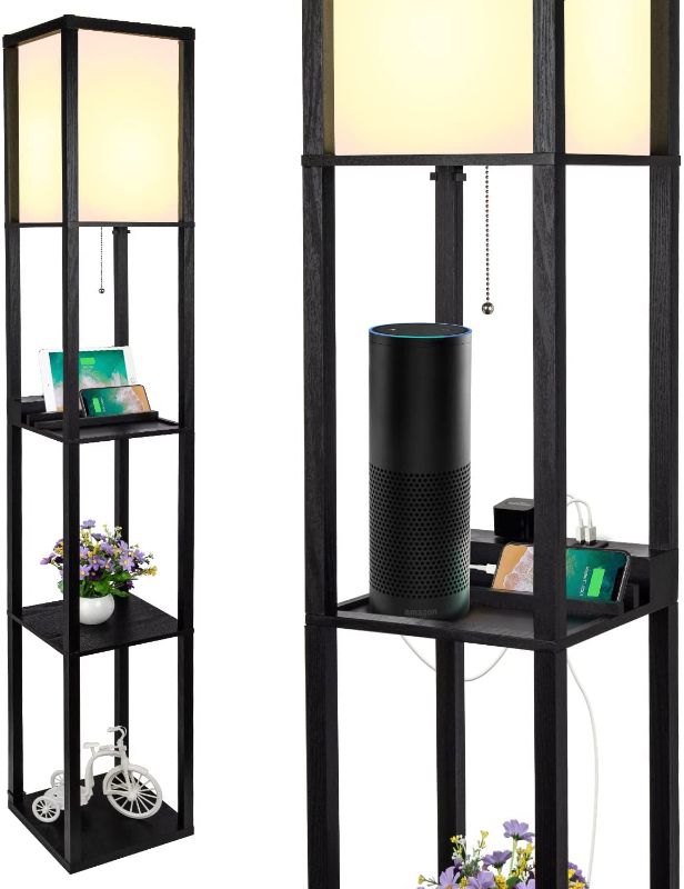 Photo 1 of 3-in-1 Shelf Floor Lamp with 2 USB Ports and 1 Power Outlet, 3-Tiered LED Shelf Floor Lamp, Shelf & Storage & LED Floor Lamp Combination, Modern Standing Light for Living Room, Bedroom

//SIMILAR TO REFERENCE PHOTO 