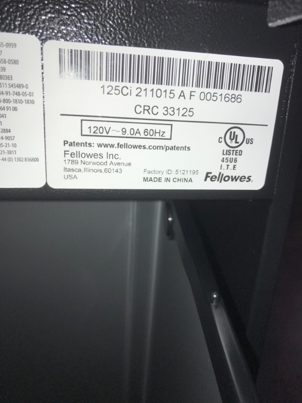 Photo 4 of Fellowes Powershred 125Ci 100% Jam Proof 20 -Sheet Cross-Cut Commercial Grade Paper Shredder
