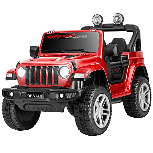 Photo 1 of DEStar 12V Ride-on Truck with Parental Remote Control, Battery Powered Kids Toy Car with 2 Leather Seater, LED Headlights, MP3 Player, 3 Speeds, Red