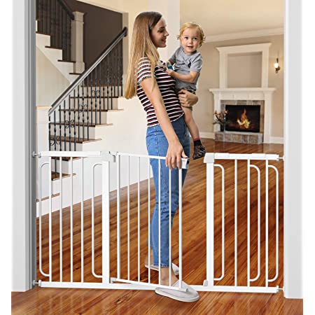 Photo 2 of Cumbor Baby Gate for Stairs, Extra Wide 57-Inch Dog Gate for Doorways, Pressure Mounted Walk Through Safety Child Gate for Kids Toddler, Adjustable Tall Pet Puppy Fence Gate, White
