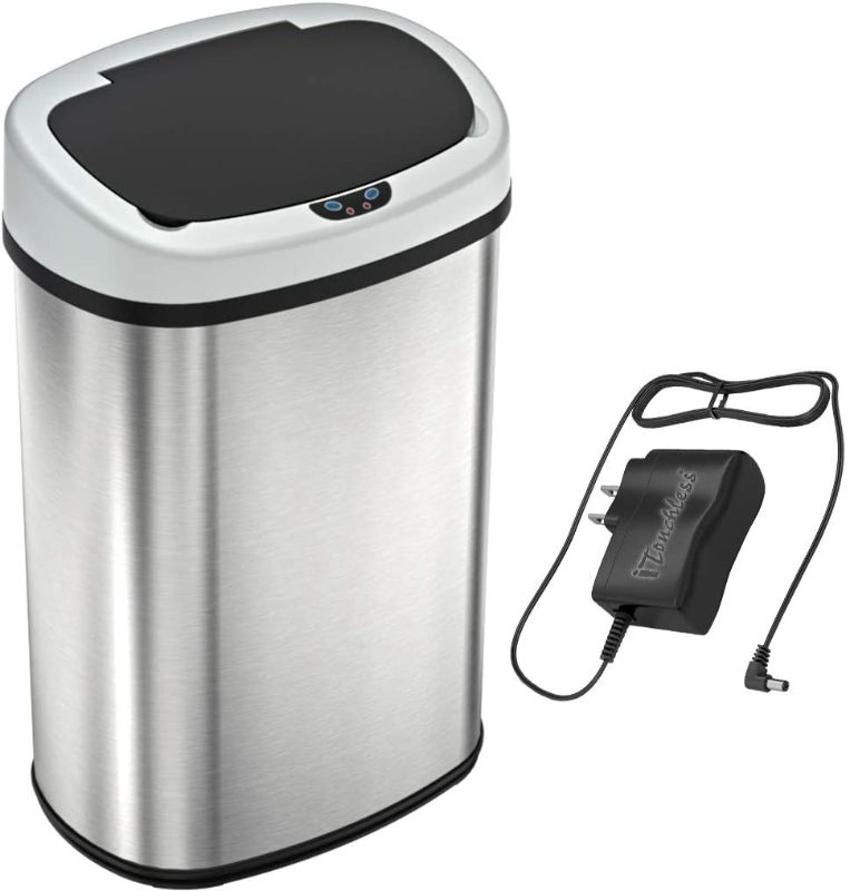 Photo 1 of SensorCan 13 Gallon Battery-FREE Automatic Sensor Kitchen Trash Can with Power Adapter, Oval Shape Stainless Steel Garbage Bin with AC Plug
