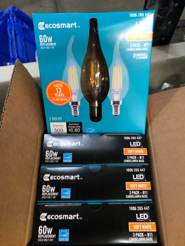 Photo 2 of EcoSmart
60-Watt Equivalent B11 Dimmable Flame Bent Tip Clear Glass Filament LED Vintage Edison Light Bulb Soft White (3-Pack)
4 PACKS OF 3