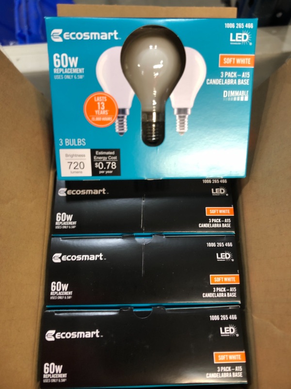 Photo 2 of EcoSmart
(Brand Rating: 4.5/5)
60-Watt Equivalent A15 Dimmable Appliance Fan Frosted Glass Filament LED Vintage Edison Light Bulb Soft White (3-Pack)
4 PACKS OF 3