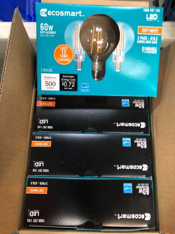 Photo 1 of EcoSmart
60-Watt Equivalent G16.5 ENERGY STAR and CEC Title 20 Dimmable Filament LED Light Bulb Soft White (3-Pack)
4 PACKS OF 3