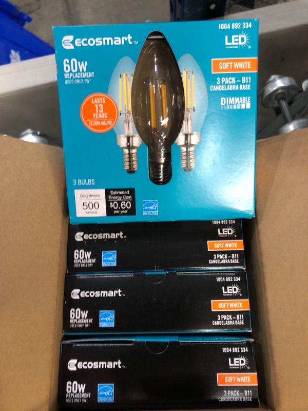 Photo 2 of EcoSmart
60-Watt Equivalent B11 Dimmable ENERGY STAR Clear Glass Filament LED Vintage Edison Light Bulb Soft White (3-Pack)
4 PACK