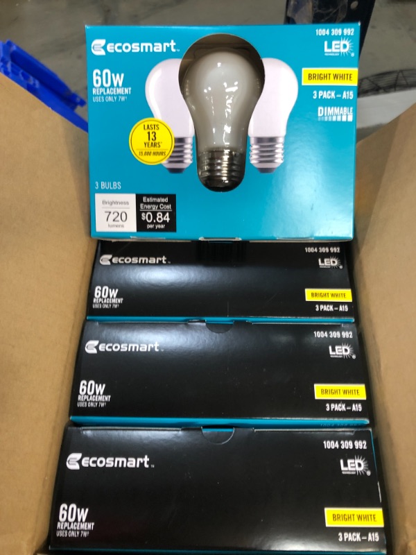 Photo 2 of EcoSmart
60-Watt Equivalent A15 Dimmable Frosted Glass Filament LED Vintage Edison Light Bulb Bright White (3-Pack)
4 PACK OF 3