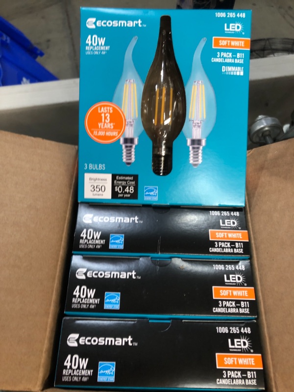 Photo 2 of EcoSmart
40-Watt Equivalent B11 Dimmable Flame Bent Tip Clear Glass Filament LED Vintage Edison Light Bulb Soft White (3-Pack)
4 PACKS OF 3