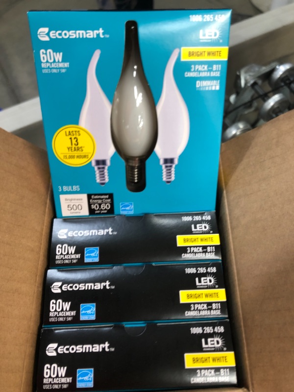 Photo 2 of EcoSmart
60-Watt Equivalent B11 Dimmable Flame Bent Tip Frosted Glass Filament LED Vintage Edison Light Bulb Bright White(3-Pack)