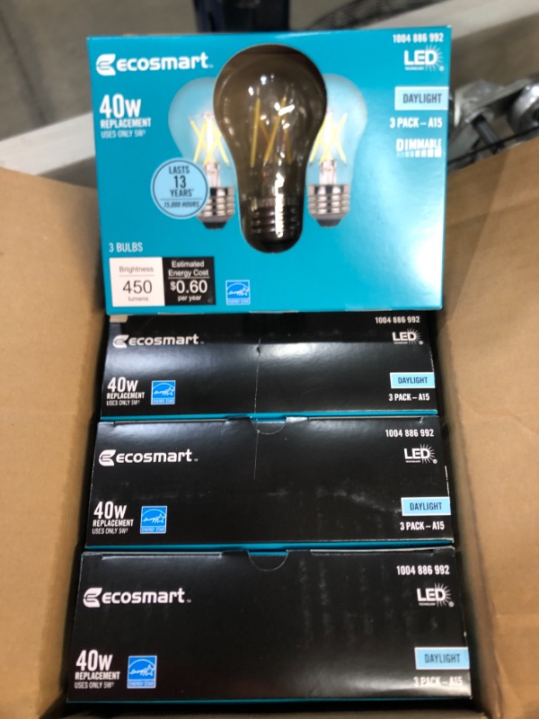 Photo 2 of EcoSmart
40-Watt Equivalent A15 Dimmable ENERGY STAR Clear Glass Filament Vintage Edison LED Light Bulb Bright White (3-Pack)
4 PACKS OF 3