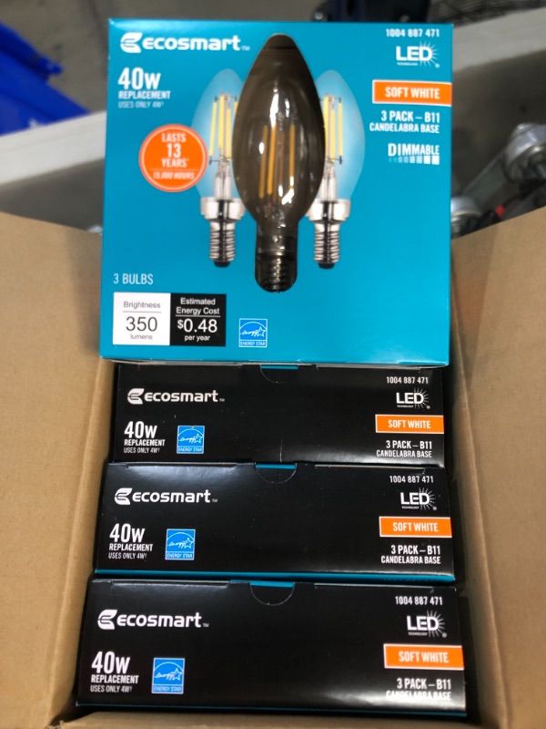 Photo 2 of EcoSmart
40-Watt Equivalent B11 Candle Dimmable ENERGY STAR Clear Glass Filament LED Vintage Edison Light Bulb Soft White(3-Pack)
4 PACKS OF 3