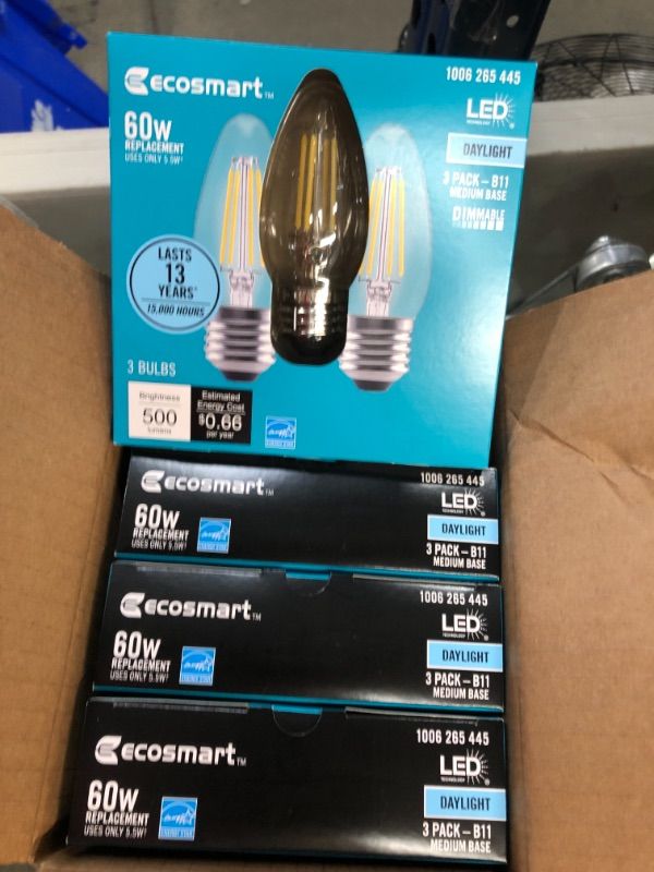 Photo 2 of EcoSmart
60-Watt Equivalent B11 Dimmable Blunt Tip Candle Clear Glass Filament LED Vintage Edison Light Bulb Daylight (3-Pack)
4 PACKS OF 3
