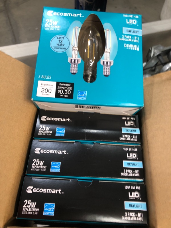 Photo 2 of EcoSmart
25-Watt Equivalent B11 Candle Dimmable ENERGY STAR Clear Glass Filament LED Vintage Edison Light Bulb Daylight (3-Pack)
4 PACKS OF 3