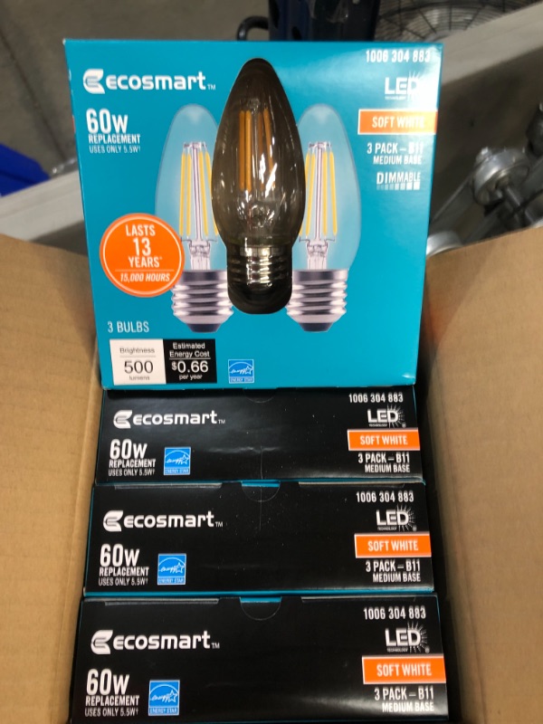 Photo 2 of EcoSmart
60-Watt Equivalent B11 Dimmable Blunt Tip Candle Clear Glass Filament LED Vintage Edison Light Bulb Soft White (3-Pack)
4 PACKS OF 3