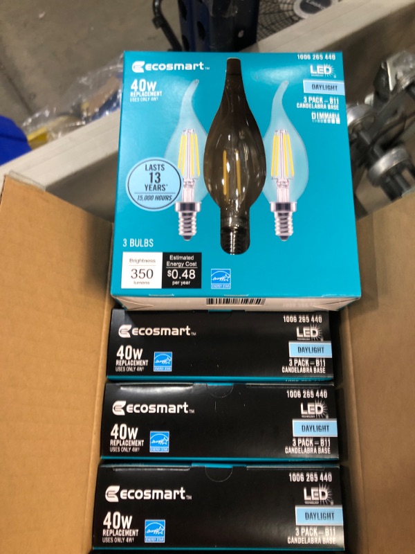 Photo 2 of EcoSmart
40-Watt Equivalent B11 Dimmable Flame Bent Tip Clear Glass Filament LED Vintage Edison Light Bulb Daylight (3-Pack)
4 PACKS OF 3