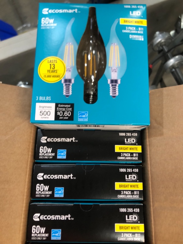Photo 2 of 
EcoSmart
60-Watt Equivalent B11 Dimmable Flame Bent Tip Clear Glass Filament LED Vintage Edison Light Bulb Bright White (3-Pack)
4 PACKS OF 3
