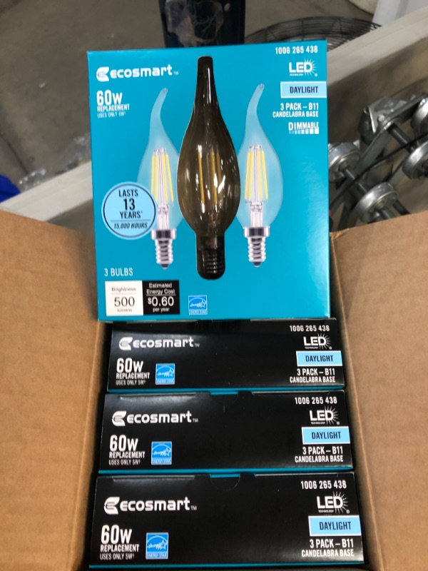 Photo 2 of EcoSmart
60-Watt Equivalent B11 Dimmable Flame Bent Tip Clear Glass Filament LED Vintage Edison Light Bulb Daylight (3-Pack)
4 PACKS OF 3