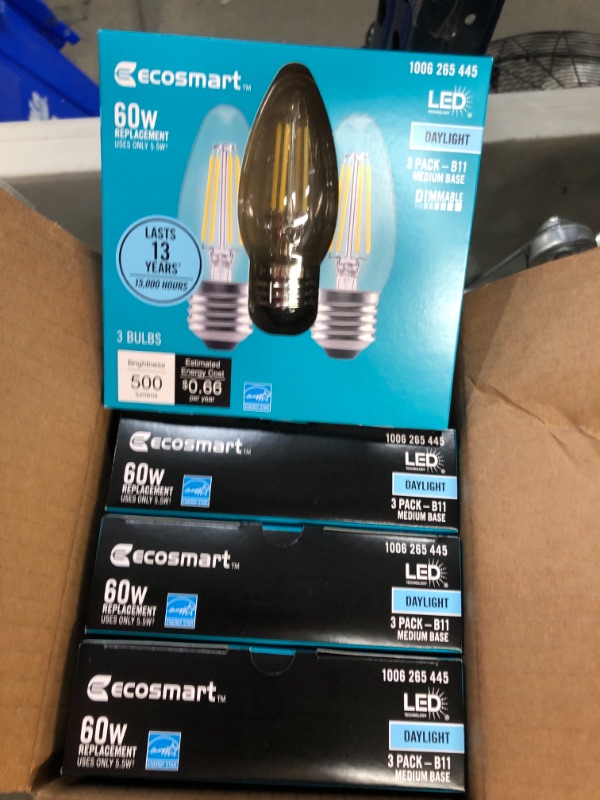 Photo 2 of EcoSmart
60-Watt Equivalent B11 Dimmable Blunt Tip Candle Clear Glass Filament LED Vintage Edison Light Bulb Daylight (3-Pack)
4 PACKS OF 3