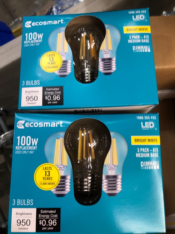 Photo 2 of EcoSmart
100-Watt Equivalent A15 Dimmable Appliance Fan Clear Glass Filament LED Vintage Edison Light Bulb Bright White (3-Pack)
2 PACKS OF 3