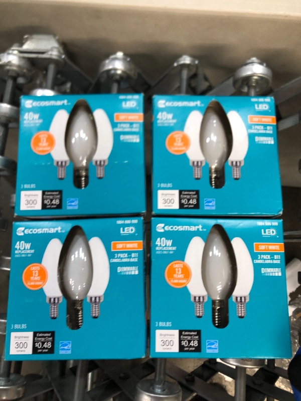 Photo 2 of EcoSmart
40-Watt Equivalent B11 Candle Dimmable ENERGY STAR Frosted Glass Filament Vintage LED Light Bulb Soft White (3-Pack)
4 PACKS OF 3