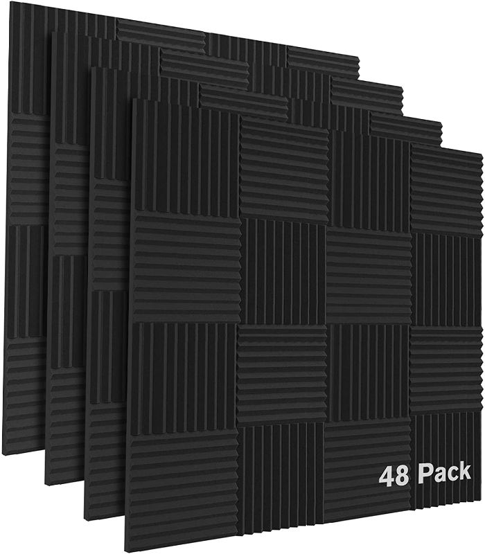 Photo 1 of 48 Pack Acoustic Foam Panels, Studio Soundproofing Wedges Fire Resistant Sound Proof Absorbing Padding Wall Tiles 12" X 12" X 1" Black (B. Black)
