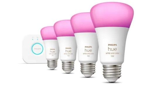 Photo 1 of Philips Hue
White and Color Ambiance A19 75W Equivalent Dimmable LED Smart Light Bulb Starter Kit (4 Bulbs and Bridge)